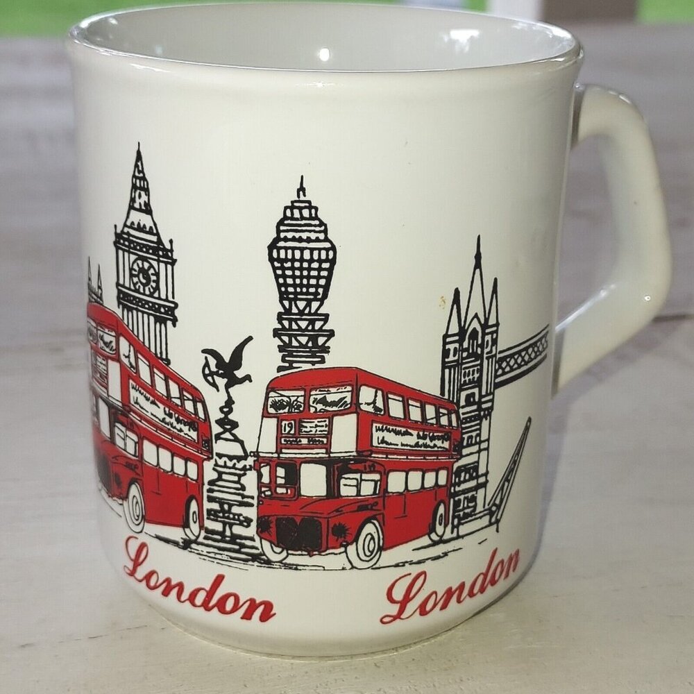 London England Double Decker Busses Souvenir Tea Coffee Cup vtg
